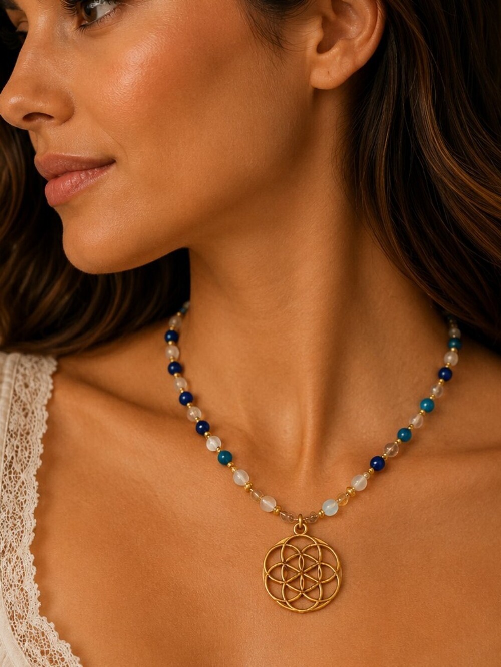 HANDMADE Opalite Agate Beaded Mandala Pendant Necklace